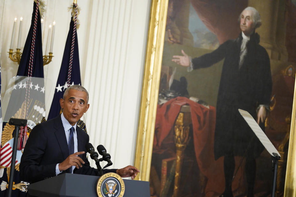 Former President Barack Obama speaks after he and former first lady Michelle Obama unveiled their official White House portraits during a ceremony in the East Room of the White House, Wednesday, Sept. 7, 2022, in Washington. (AP Photo/Andrew Harnik)