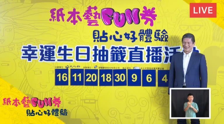 ▲紙本藝fun券抽獎結果日前公布，一共有65萬位幸運兒得獎。（圖／翻攝文化部直播）