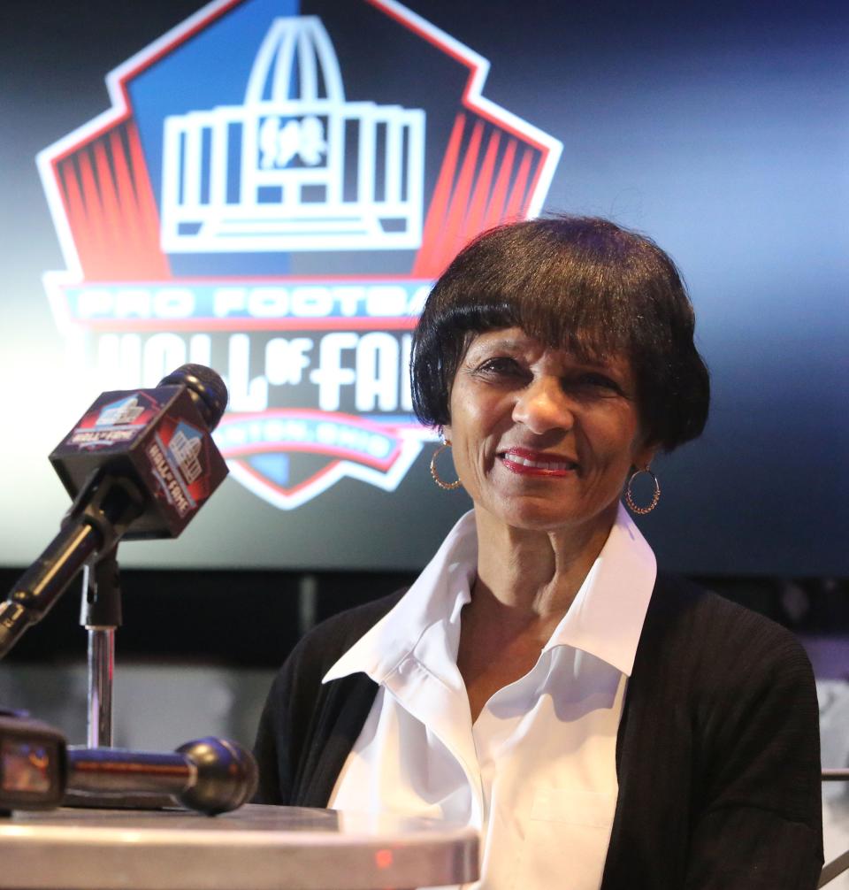 Elaine Anderson, the sister of Cliff Branch, speaks to the media at the Pro Football Hall of Fame in Canton on Monday, March 7, 2022. Branch is a member of the Class of 2022.