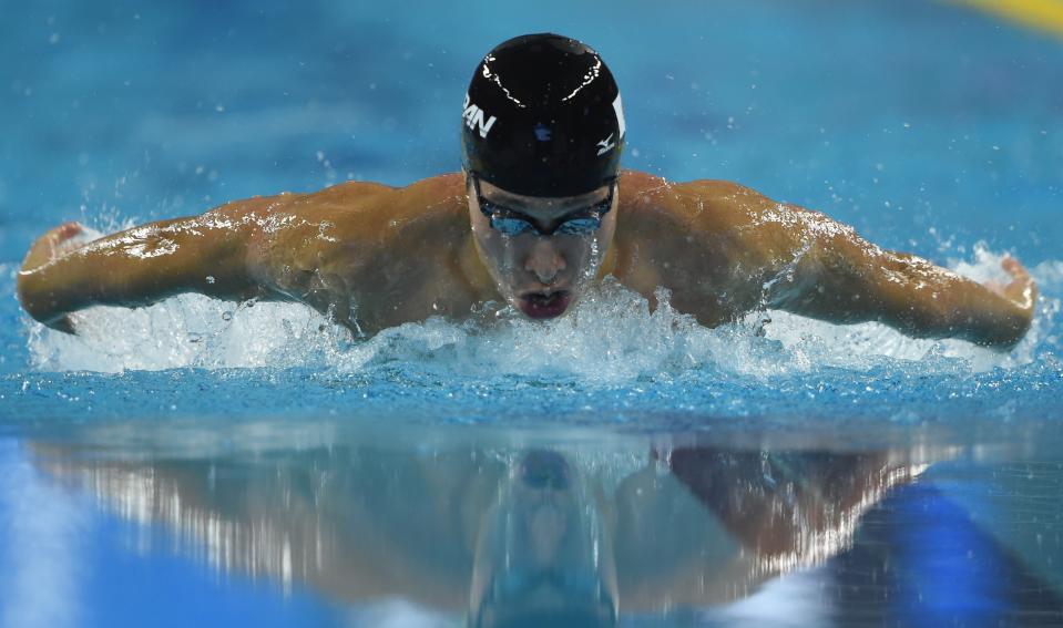 Japan's Kosuke Hagino competes in the finals for the men's 400m individual medley swimming event during the 17th Asian Games at the Munhak Park Tae-hwan Aquatics Centre in Incheon on September 24, 2014. Hagino won gold.  AFP PHOTO / PHILIPPE LOPEZ        (Photo credit should read PHILIPPE LOPEZ/AFP via Getty Images)