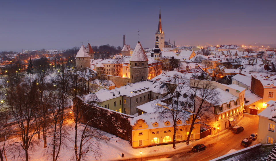 <p>Estonia’s capital takes on a whole new dimension in winter, when its cobbled Old Town and medieval turrets are dusted with snow. Don’t miss stopping for a cup of steaming hot glögi (mulled wine). This modern fairytale is just three hours away from the UK. <em>[Photo: Getty]</em> </p>
