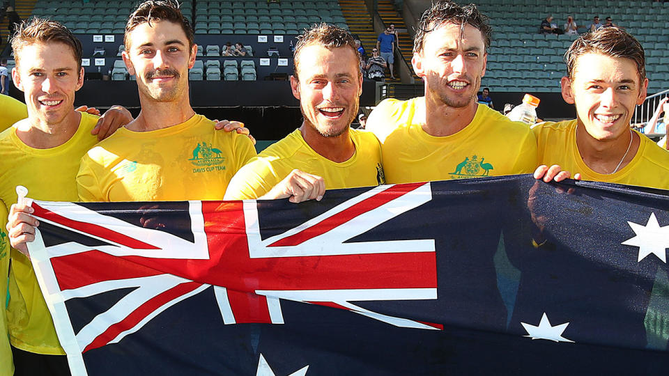 John Peers, Alex de Minaur, Lleyton Hewitt, John Millman and Alex de Minaur, pictured here after Australia's win over Bosnia and Herzegovina in February.