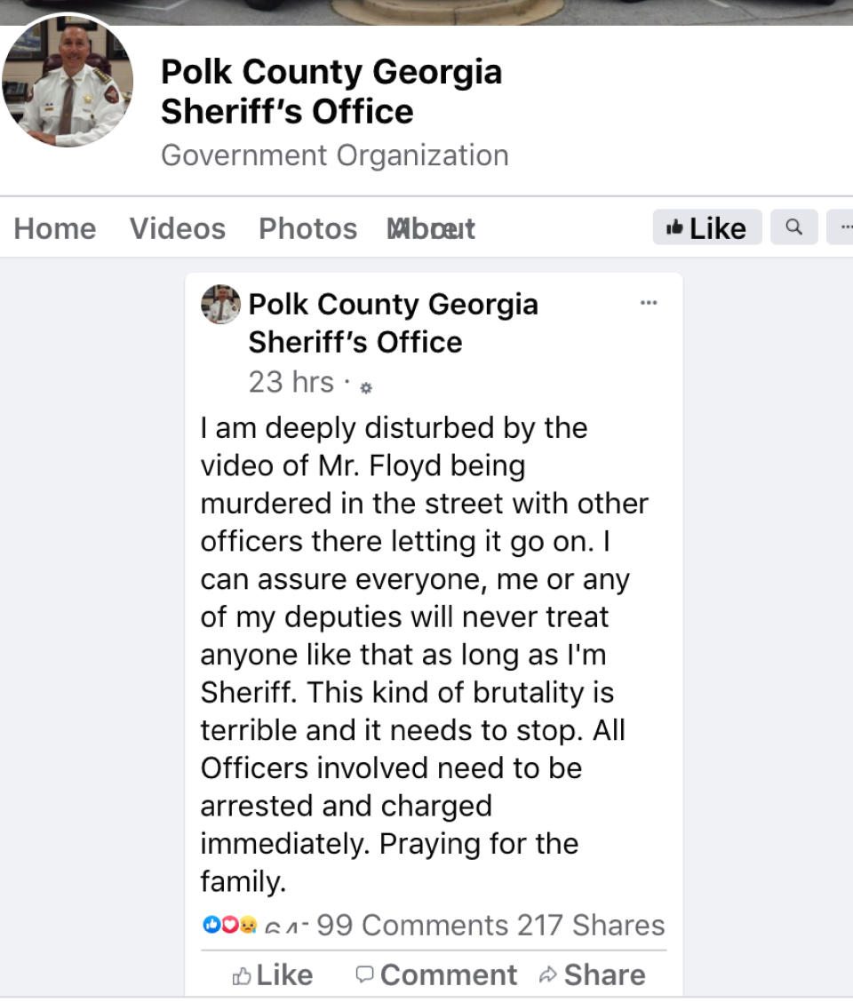 This tweet posted by Sheriff Johnny Moats of the Polk County, Georgia, Sheriff's Office is seen Thursday, May 28, 2020. Law enforcement officials nationwide have rushed to condemn the actions of Minneapolis officers in the death of a black man in custody, a wave of harsh criticism experts say is unprecedented. (Polk County Sheriff's Office via AP)