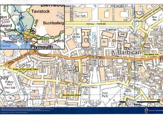 A map showing the Notte Inn, Strathmore Hotel and the Duke of Cornwall Hotel in Plymouth, Devon. (Devon and Cornwall Police)