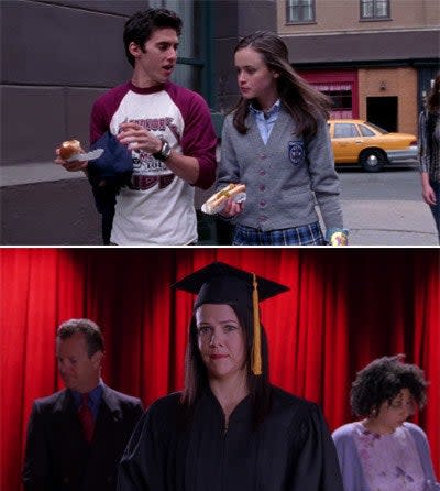 Rory hanging out with Jess and Lorelai walking across the stage at graduation