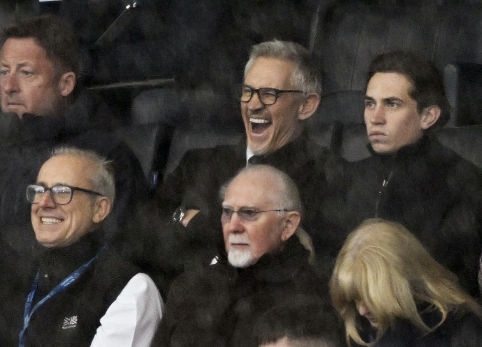 Soccer Football - Premier League - Leicester City v Chelsea - King Power Stadium, Leicester, Britain - March 11, 2023 Former player and TV presenter Gary Lineker is pictured in the stand with his son REUTERS/Toby Melville EDITORIAL USE ONLY. No use with unauthorized audio, video, data, fixture lists, club/league logos or 'live' services. Online in-match use limited to 75 images, no video emulation. No use in betting, games or single club /league/player publications.  Please contact your account representative for further details.