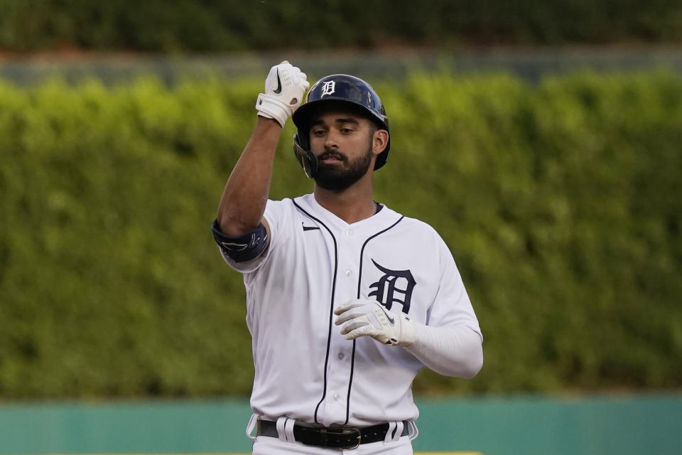 Detroit Tigers' Riley Greene pumps his fist after his double during the second inning of a baseball game against the Cleveland Guardians, Tuesday, July 5, 2022, in Detroit. (AP Photo/Carlos Osorio)