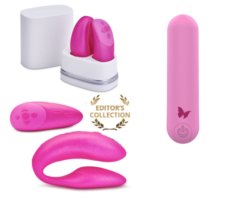 The pink We-Vibe Chorus couples vibrator sits on a white background on the left while the Wild Secrets bullet in pink sits on the right.