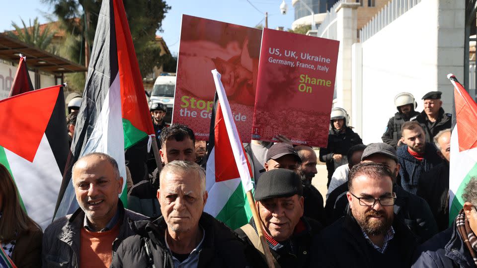 Palestinians protest in front of the German representation in the city of Ramallah, against what they call "Germany's policy of supporting Israel in the war on Gaza," in Ramallah, West Bank on January 18. - Jaafar Ashtiyeh/AFP/Getty Images