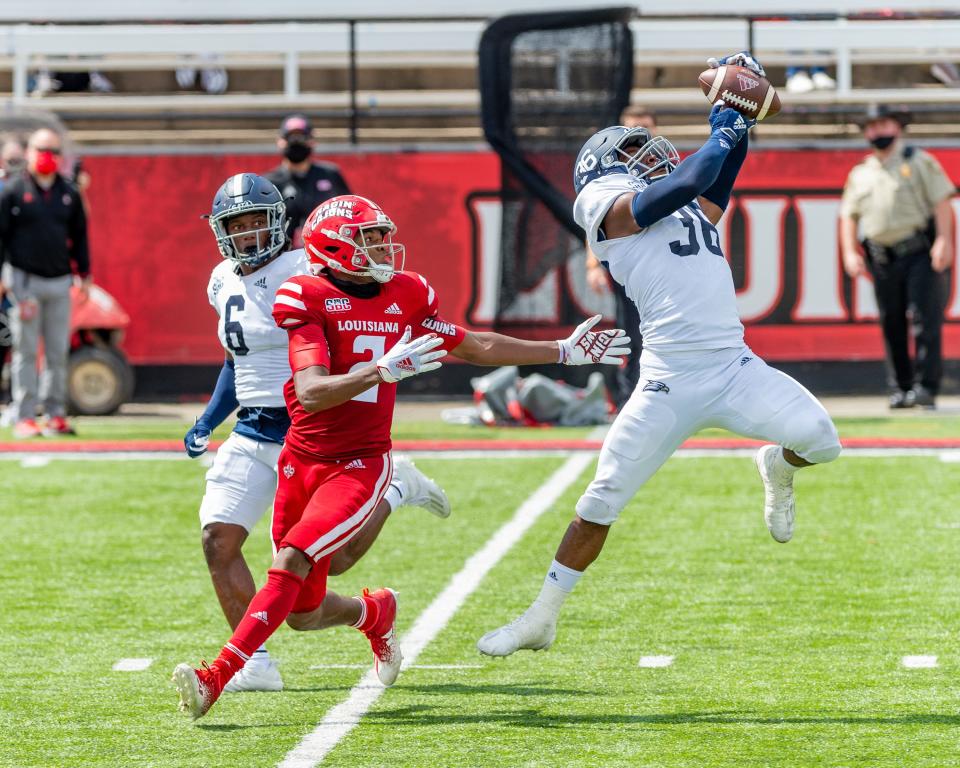 Georgia Southern linebacker Reynard Ellis makes an interception but the Louisiana Ragin' Cajuns edged the Eagles 20-18 at Cajun Field on Sept. 26, 2020 in Lafayette, Louisiana.