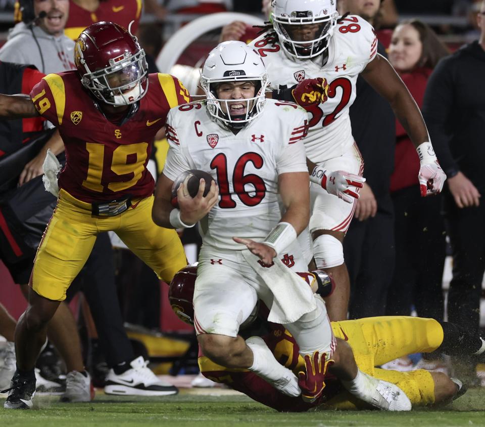 Utah Utes quarterback Bryson Barnes (16) drives against the USC Trojans at the Los Angeles Memorial Coliseum on Saturday, Oct. 21, 2023. | Laura Seitz, Deseret News