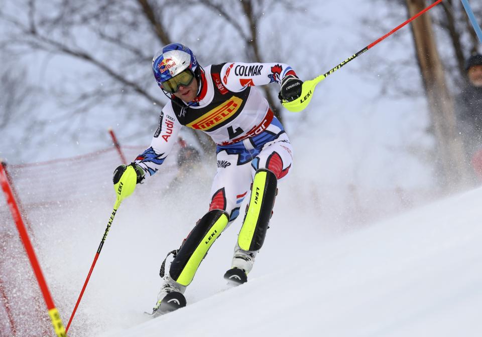 France's Alexis Pinturault competes during the men's slalom, at the alpine ski World Championships in Are, Sweden, Sunday, Feb. 17, 2019. (AP Photo/Alessandro Trovati)