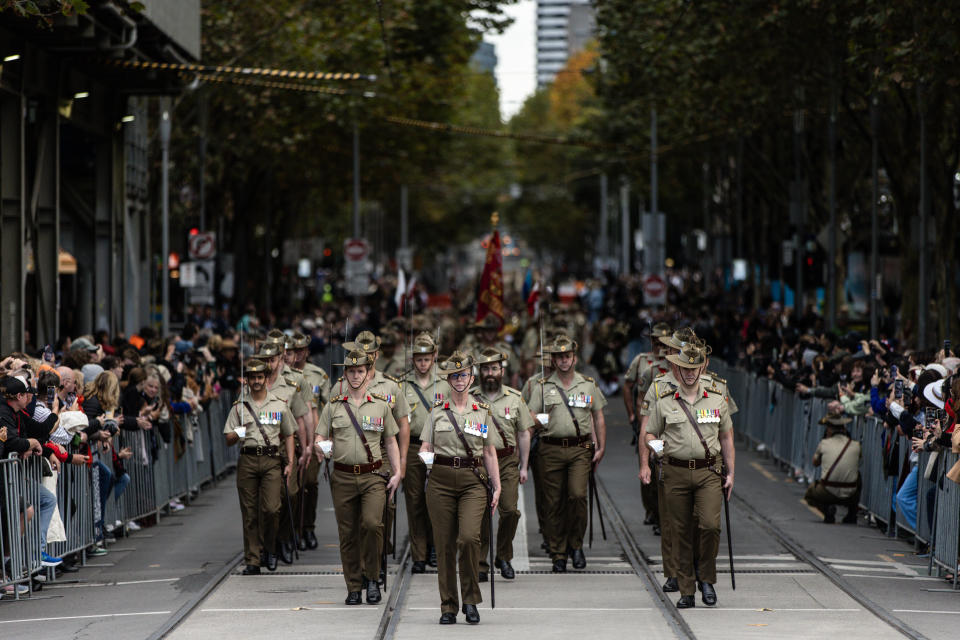 MELBOURNE, AUSTRALIA - APRIL 25: Australian Defence force personnel participate in the Anzac Day march on April 25, 2024, in Melbourne, Australia. Anzac Day is a national holiday in Australia, traditionally marked by a dawn service held during the time of the original Gallipoli landing and commemorated with ceremonies and parades throughout the day. Anzac Day commemorates the day the Australian and New Zealand Army Corp (ANZAC) landed on the shores of Gallipoli on April 25, 1915, during World War 1. (Photo by Diego Fedele/Getty Images)