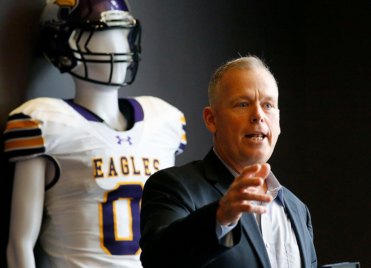 Lee Owens speaks at the press conference where he announced his retirement from head coach of the Ashland University football team Friday, Dec. 2, 2022. TOM E. PUSKAR/ASHLAND TIMES-GAZETTE