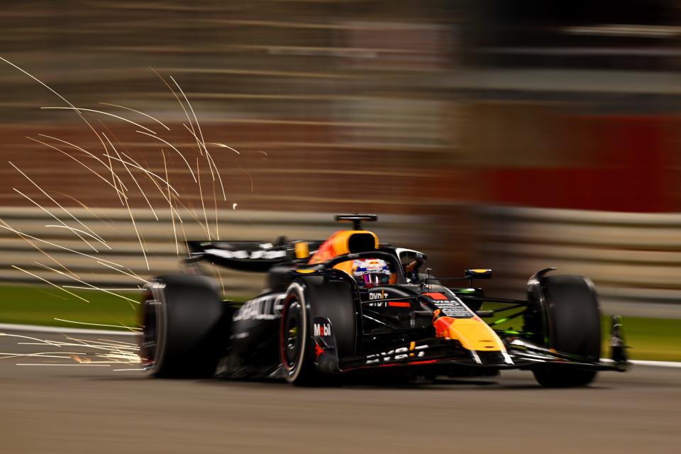 Sparks fly behind Max Verstappen of the Netherlands driving the (1) Oracle Red Bull Racing RB20 during day three of F1 Testing at Bahrain International Circuit on February 23, 2024 in Bahrain, Bahrain.