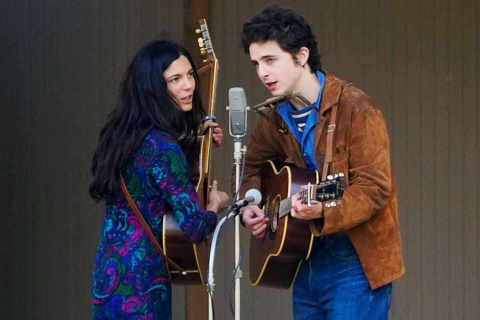 <p>TheImageDirect.com</p> Monica Barbaro and Timothée Chalamet on the set of 