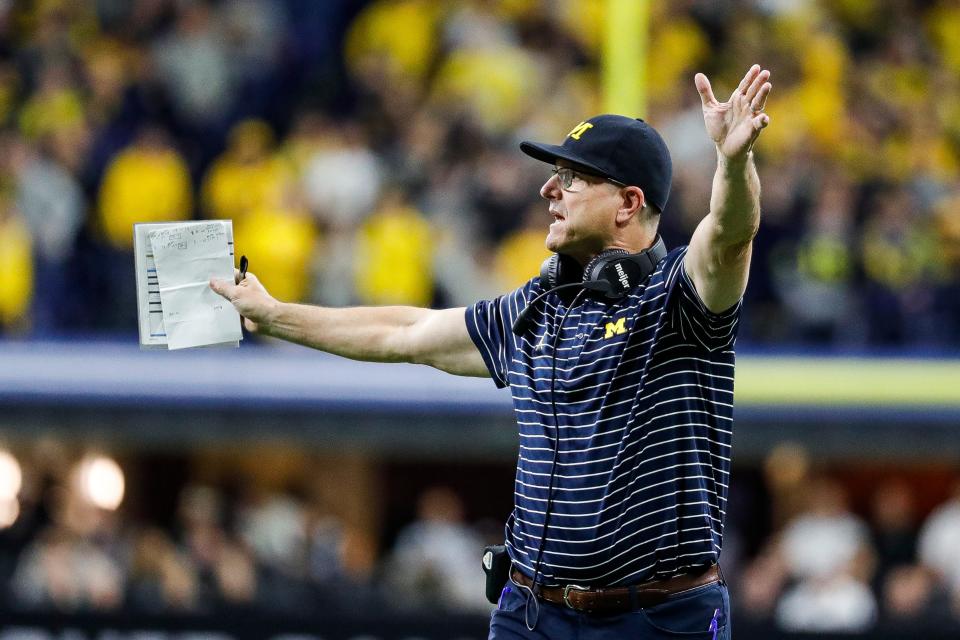 Michigan head coach Jim Harbaugh reacts to a play against Purdue during the second half of the Big Ten Championship game at Lucas Oil Stadium in Indianapolis, Ind., on Saturday, Dec. 3, 2022.