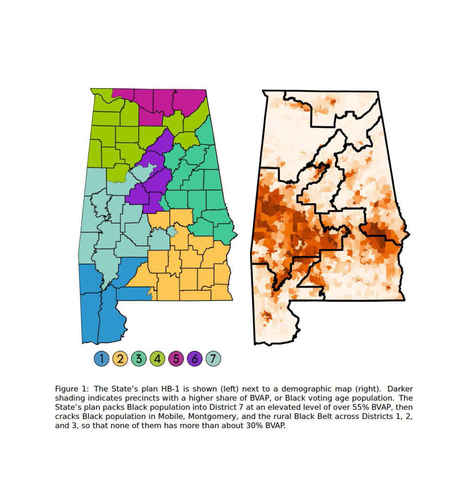 Alabama's proposed 2021 redistricting plan (left) next to a demographic map (right) in an exhibit submitted by the plaintiffs.<span class="copyright">Milligan v. Merrill</span>