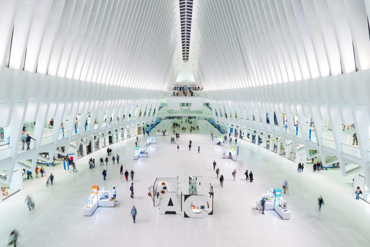 The spaceship-like mall interior of the Oculus transport hub at the World Trade Center in New York - Credit: James Hastie / Alamy Stock Photo
