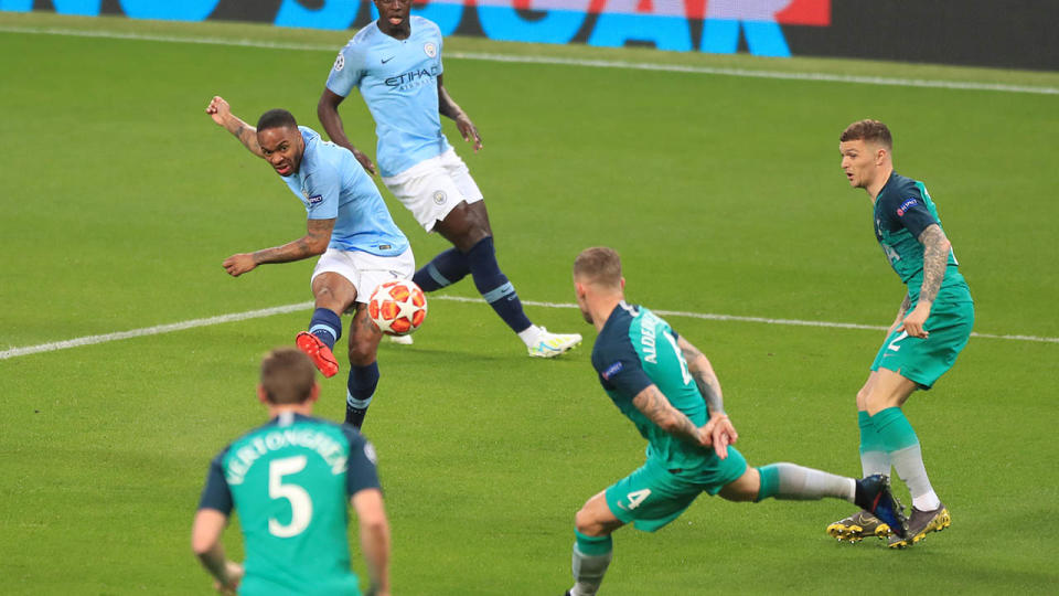 Raheem Sterling scores his team’s first goal. (Photo by Matt McNulty – Manchester City/Man City via Getty Images)