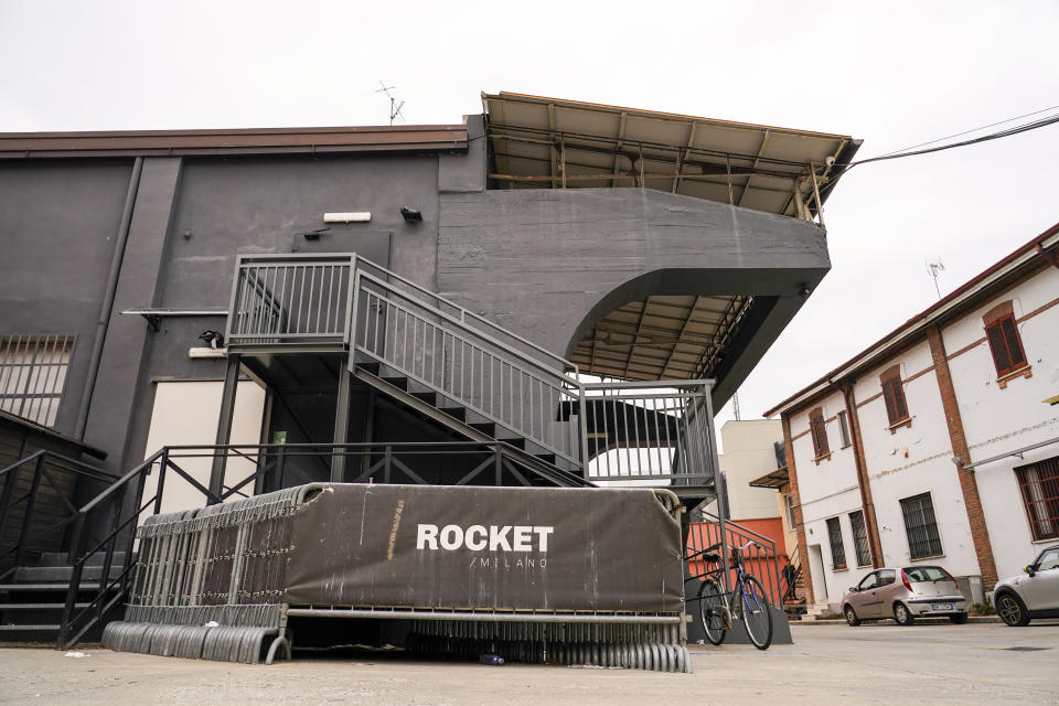 Outside view of the Rocket Club, in Milan, Saturday, Sept. 25, 2021. The Rocket Club has been a centerpiece for the indie, underground, and techno scene in Italy’s financial and fashion capital since 2003, moving to its present location in the Navigli canal district in 2013. It has been a venue to such international artists as MGMT, The Bloody Beetroots, Steve Aoki, and The Wombats. It has been closed because of the pandemic for 19 months now. With Italy’s vaccination campaign now advanced, the government has finally given the green light for nightclubs to reopen this weekend at 50% capacity indoors, and 70% in the open air. (AP Photo/Alberto Pezzali)