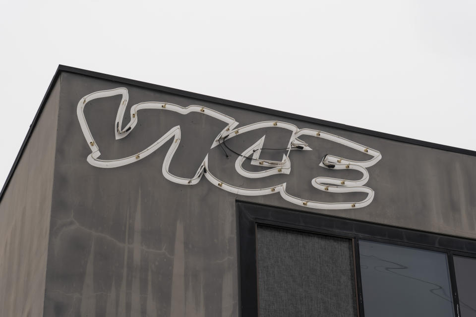 A logo of Vice Media is seen on the facade of its office building in Los Angeles, Monday, May 15, 2023. Vice Media is filing for Chapter 11 bankruptcy protection, the latest digital media company to falter after a meteoric rise. (AP Photo/Jae C. Hong)