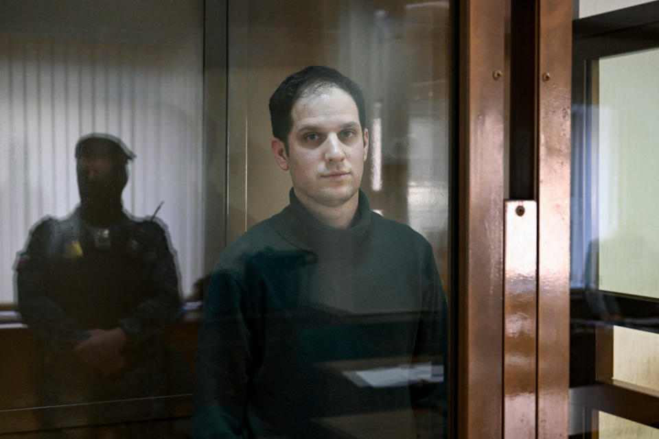 Gershkovich looks on during a pre-trial detention hearing in Moscow last month.