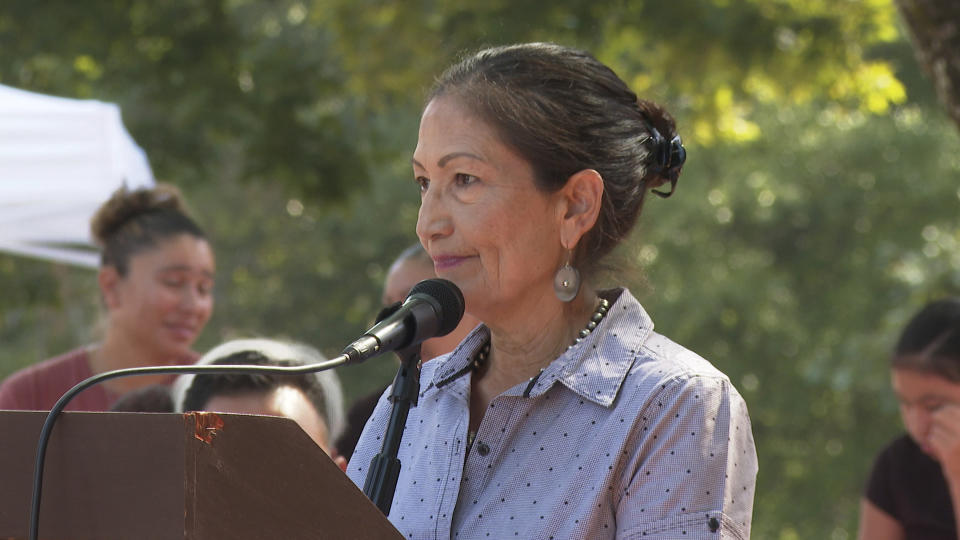 Interior Secretary Deb Haaland speaks at the 30th annual Ocmulgee Indigenous Celebration, on Saturday, Sept. 17, 2022, in Macon, Ga. Haaland applauded efforts by the Muscogee and the people of Macon to bring more land under the protection of the National Park Service. (AP Photo/Sharon Johnson)