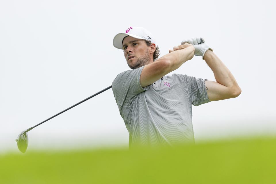 Thomas Pieters, of RangeGoats GC, hits from the ninth tee during the second round of LIV Golf Singapore at Sentosa Golf Club, Saturday, May 4, 2024, in Sentosa, Singapore. (Scott Taetsch/LIV Golf via AP)