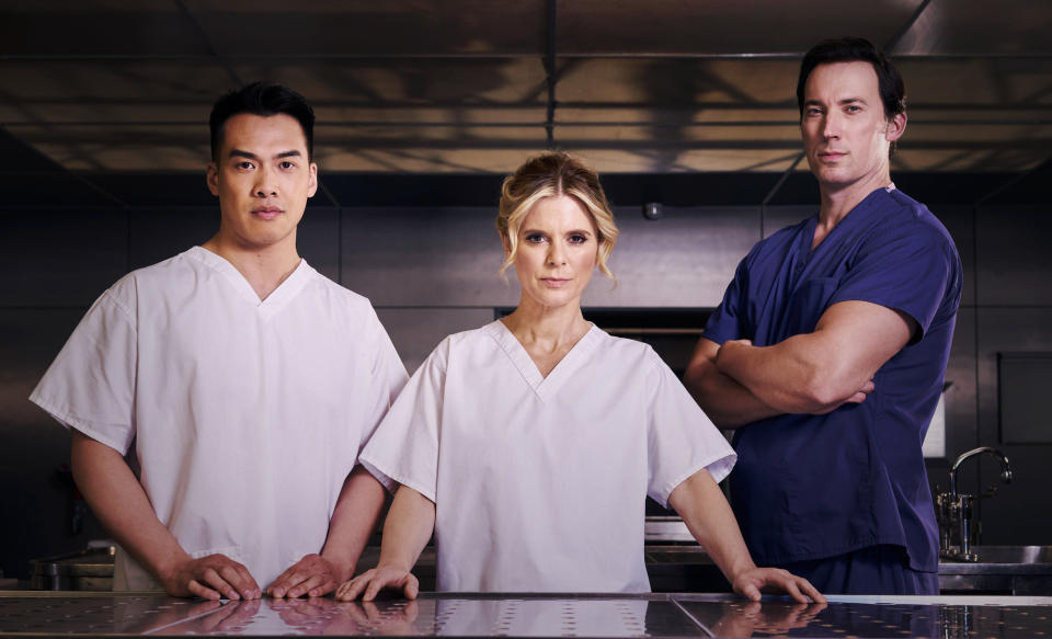 Dr Adam Yuen (Jason Wong), Dr Nikki Alexander (Emilia Fox), Jack Hodgson (David Caves) in Silent Witness (BBC/David Emery)