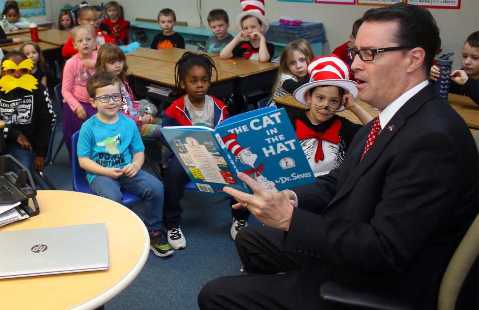 Gaston County District Court Judge Craig Collins was invited to Victory Christian Academy to read "The Cat in the Hat" to kindergarteners Wednesday, March 2, 2022. Collins won the GOP nomination in Tuesday's primary election to keep his seat on the bench.