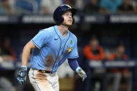 Tampa Bay Rays' Brett Phillips watches his solo home run off Detroit Tigers pitcher Alex Faedo during the sixth inning of a baseball game Monday, May 16, 2022, in St. Petersburg, Fla. (AP Photo/Chris O'Meara)