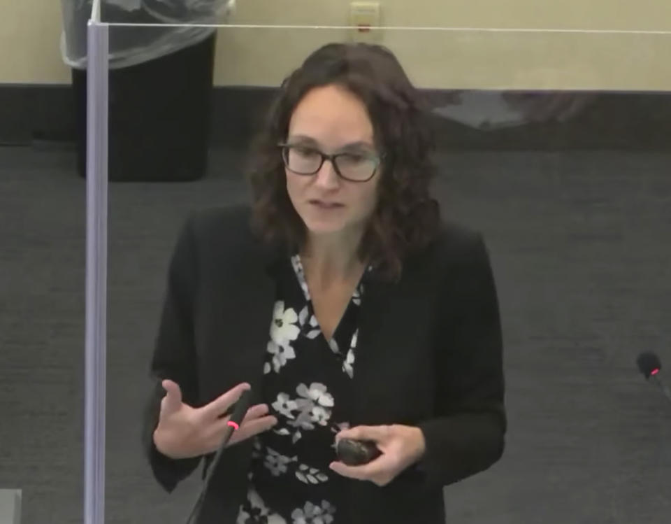 In this screen grab from video,Prosecutor Erin Eldridge delivers the state's opening statement as Hennepin County Judge Regina Chu presides over court Wednesday, Dec. 8, 2021, in the trial of former Brooklyn Center police Officer Kim Potter in the April 11, 2021, death of Daunte Wright, at the Hennepin County Courthouse in Minneapolis, Minn. (Court TV via AP, Pool)