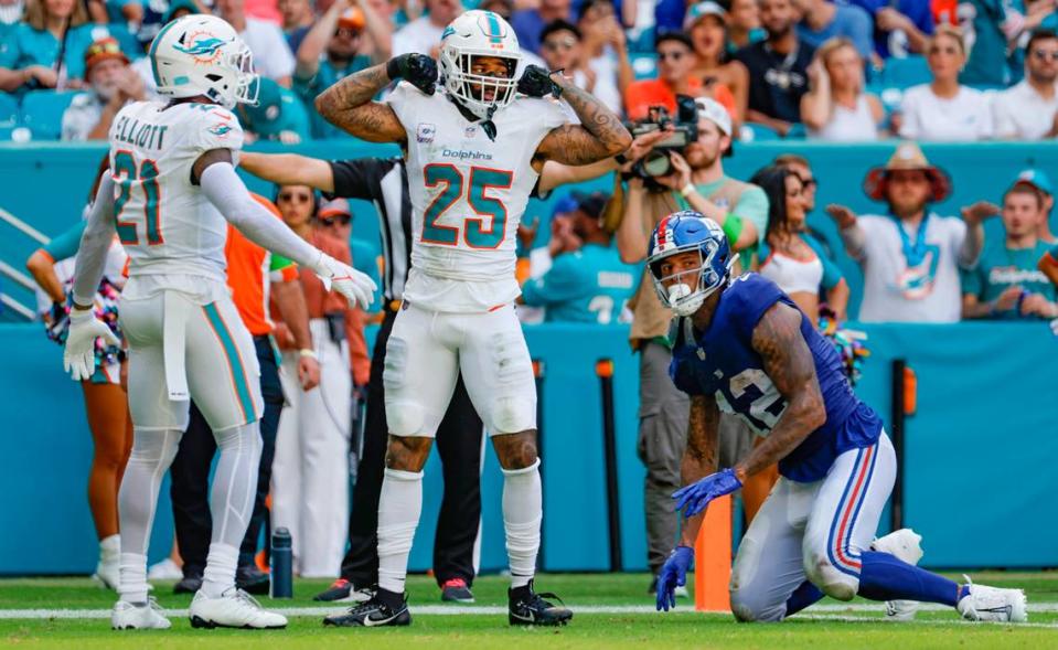 Miami Dolphins cornerback Xavien Howard (25) reacts after blocking a pass to New York Giants tight end Darren Waller (12) at Hard Rock Stadium in Miami Gardens on Sunday, October 8, 2023.