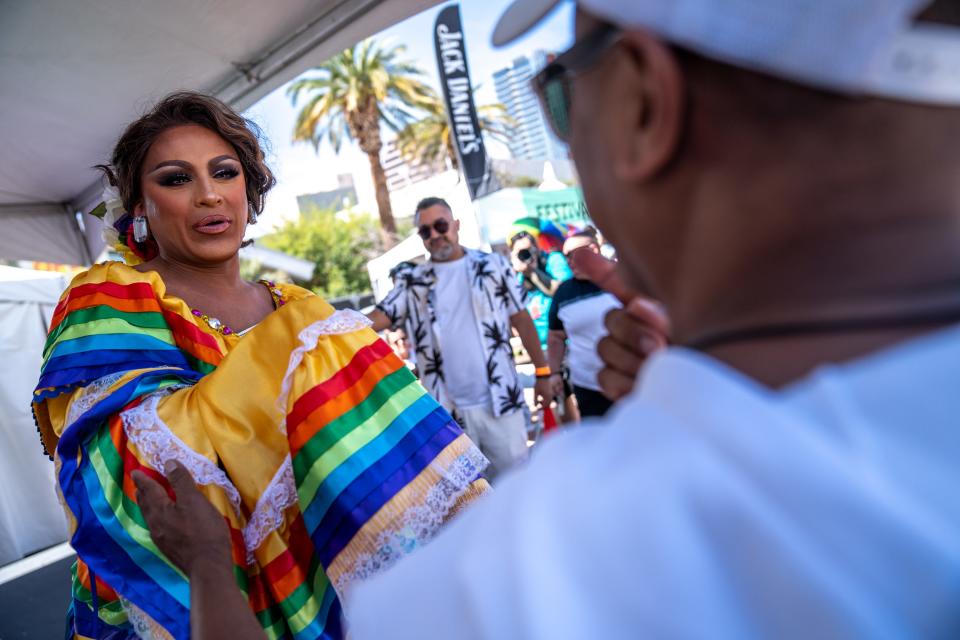 2024 Miss Phoenix Pride Adriana Galliano performs during a drag show at the Rainbows Festival in Phoenix on March 23, 2024.