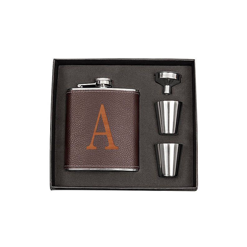 Cathy’s Concepts Initial Brown Leather-Wrapped Flask Set