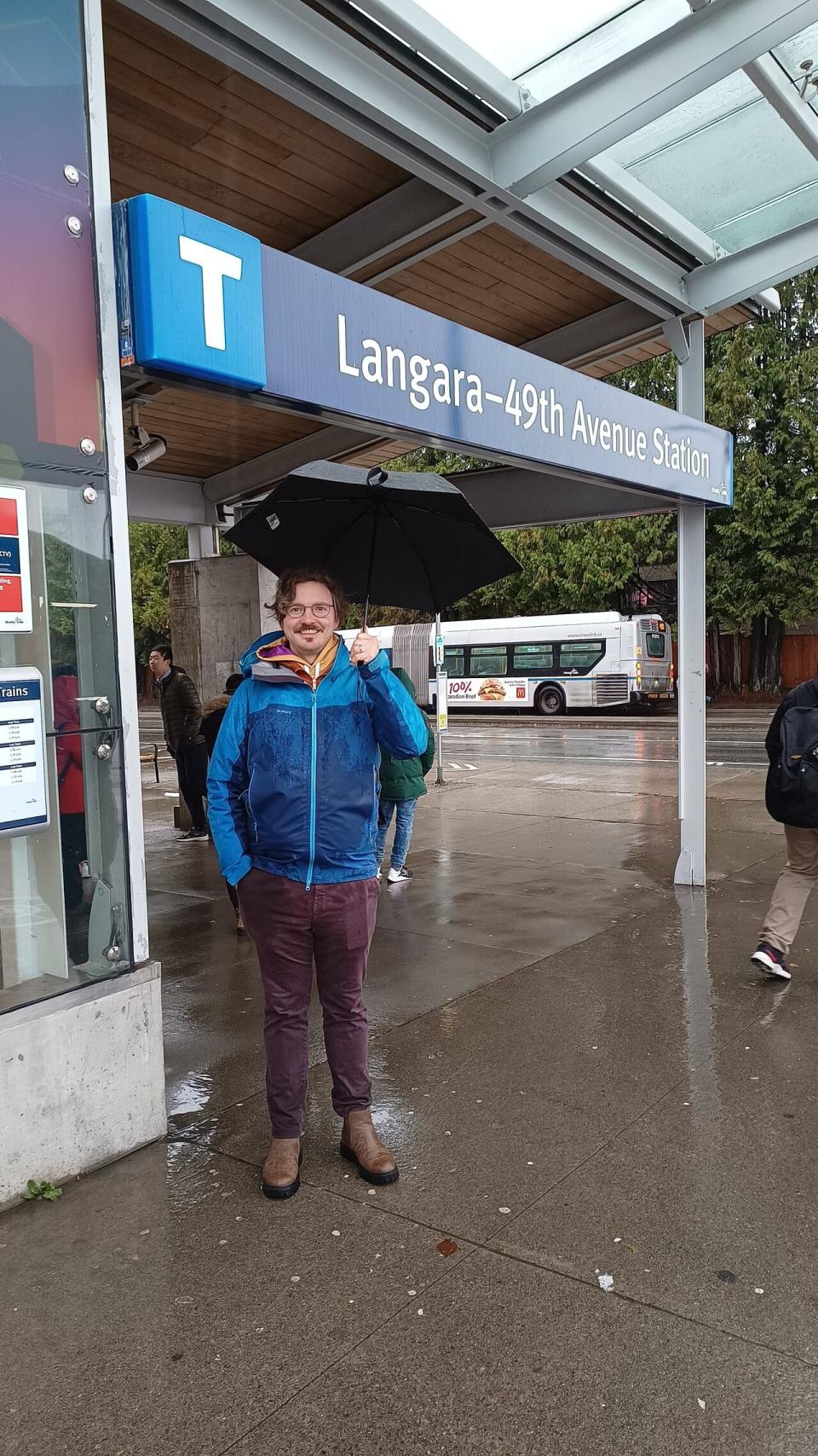 Denis Agar, the executive director of transit advocacy group Movement, is pictured at Langara-49th Avenue SkyTrain station in Vancouver on Dec. 9, 2023.