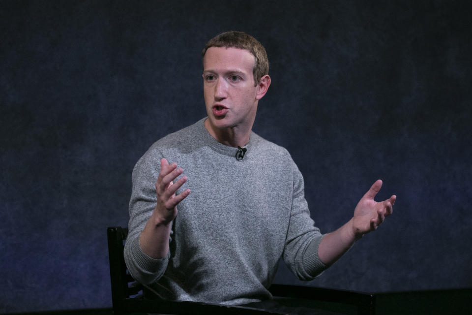 <p>Facebook CEO Mark Zuckerberg speaks about “News Tab” at the Paley Center, Friday, Oct. 25, 2019 in New York. The new feature in the Facebook mobile app will display headlines — and nothing else — from the Wall Street Journal, the Washington Post, BuzzFeed News, Business Insider, NBC, USA Today and the Los Angeles Times, among others.(AP Photo/Mark Lennihan)</p>
