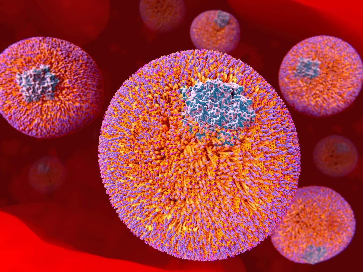 Las partículas de LDL albergan en su superficie proteínas transportadoras (en azul) que pueden servir como marcador de riesgo cardiovascular. <a href="https://www.shutterstock.com/es/image-illustration/ldl-particles-blood-stream-lowdensity-lipoprotein-384738391" rel="nofollow noopener" target="_blank" data-ylk="slk:Juan Gaertner / Shutterstock;elm:context_link;itc:0;sec:content-canvas" class="link ">Juan Gaertner / Shutterstock</a>