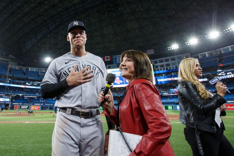 TORONTO, ON - SEPTEMBER 28: Aaron Judge #99 of the New York Yankees does a post-game interview after hitting his 61st home run of the season in the seventh inning against the Toronto Blue Jays at Rogers Centre on September 28, 2022, in Toronto, Ontario, Canada. Judge has now tied Roger Maris for the American League record.