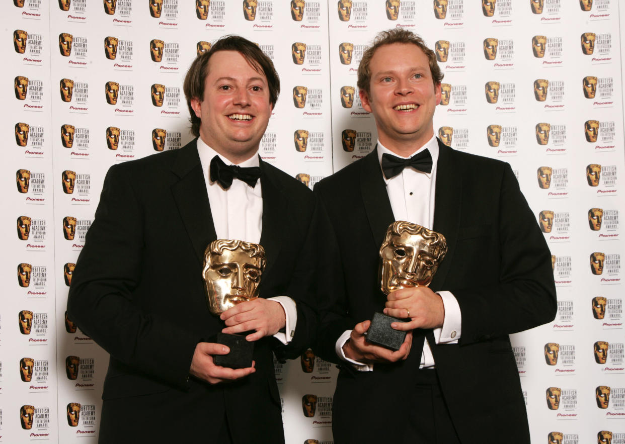 LONDON - MAY 20: Actors David Mitchell (L) and Robert Webb pose with the Best Comedy Programme Award for 'That Mitchell and Webb Look' in the awards room at the British Academy Television Awards at the Palladium on May 20, 2007 in London, England. (Photo by Dave Hogan/Getty Images)