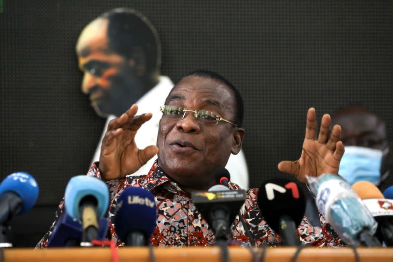 Pascal Affi N'Guessan, President of FPI (Ivorian Popular Front) and candidate for the October 31, 2020 presidential election, speaks to journalists during an Ivorian opposition press conference in Abidjan