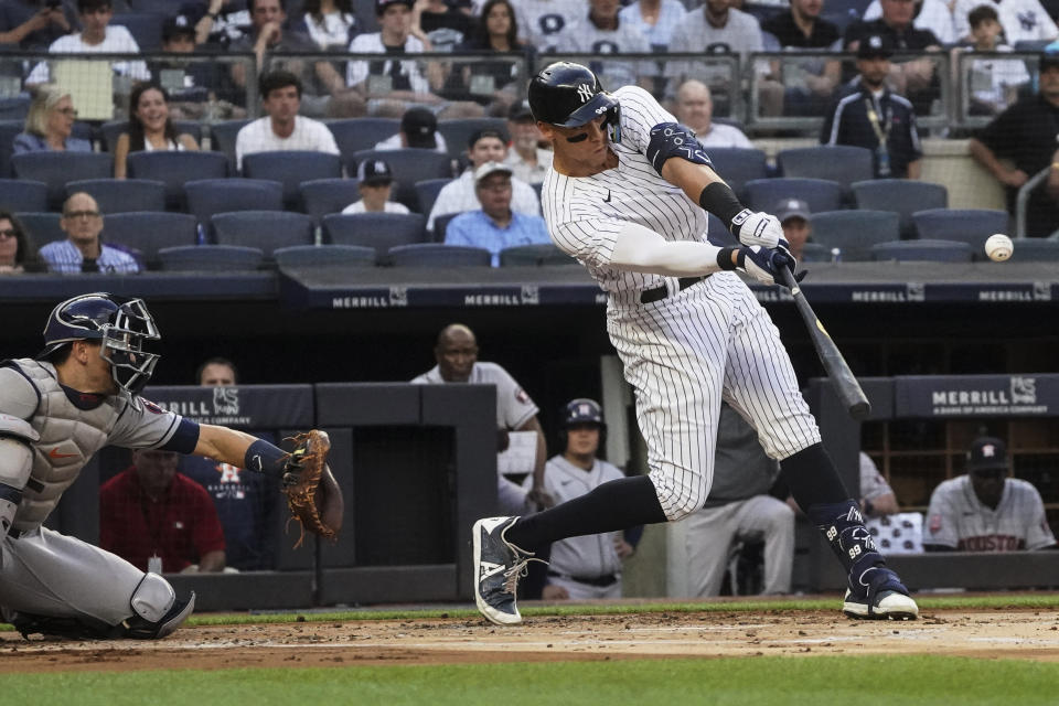 New York Yankees' Aaron Judge strikes out during the first inning of the team's baseball game against the Houston Astros, Friday, June 24, 2022, in New York. (AP Photo/Bebeto Matthews)