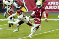 Arizona Cardinals quarterback Kyler Murray (1) runs for a touchdown as Washington Football Team free safety Troy Apke (30) misses the tackle during the second half of an NFL football game, Sunday, Sept. 20, 2020, in Glendale, Ariz. (AP Photo/Ross D. Franklin)