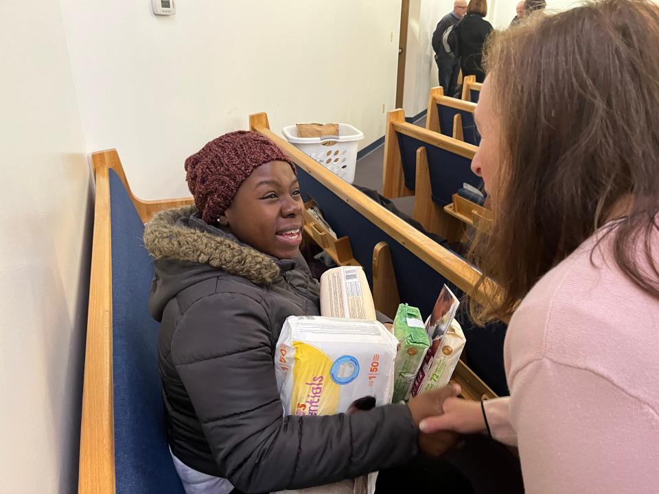 Gaines Pierce, left, speaks with volunteer Susan Westover at Ephesian Primitive Baptist Church in Nashville at the launch for MyBaby4Me on Saturday, Jan. 27, 2024.