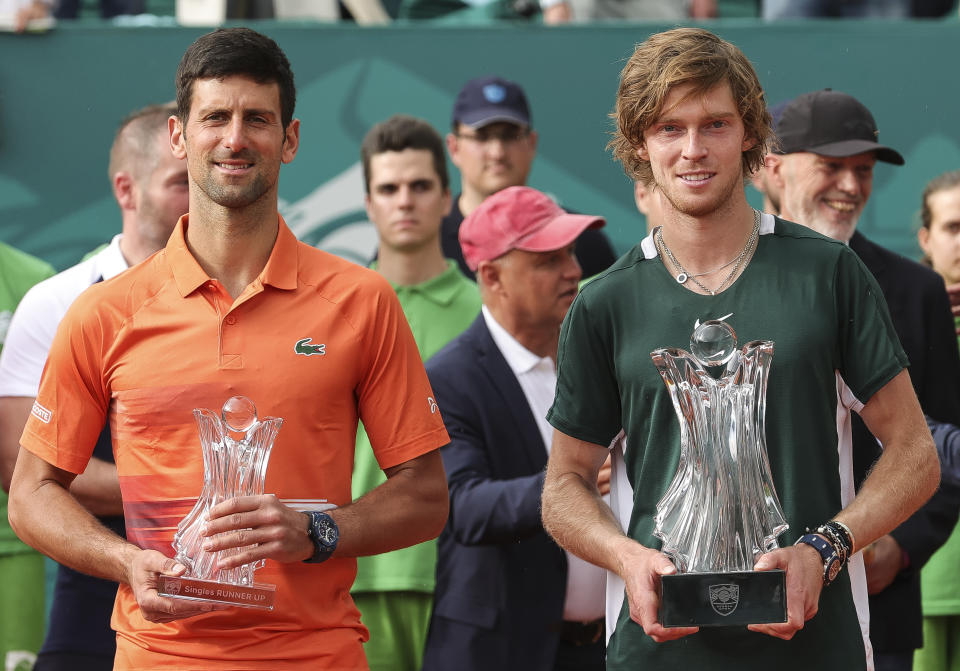 Novak Djokovic and Andrey Rublev, pictured here with their trophies after the Serbia Open final.