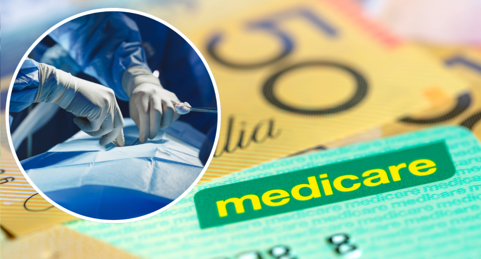 Insert of doctors performing surgery next to $50 Australian note and Medicare health insurance card