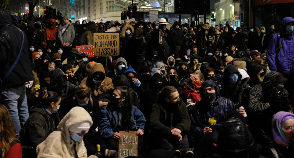 People attend a protest against a newly proposed policing bill that could curb citizens from their right to protest, in Bristol, Britain