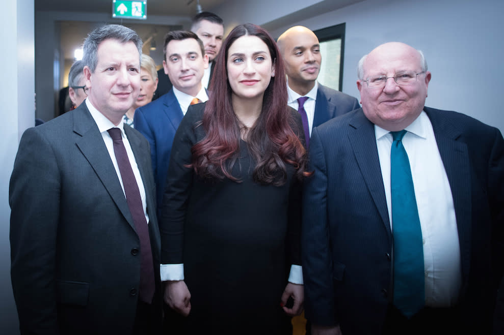 Labour MPs (left to right) Chris Leslie (Ann Coffey, Angela Smith, (both hidden left), Gavin Shuker, Luciana Berger, Chuka Umunna and Mike Gapes, after they announced their resignations (Picture: PA)