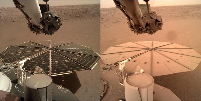 two images of the insight lander's circular solar array show it clear and vibrant on the left and covered in dust on the right